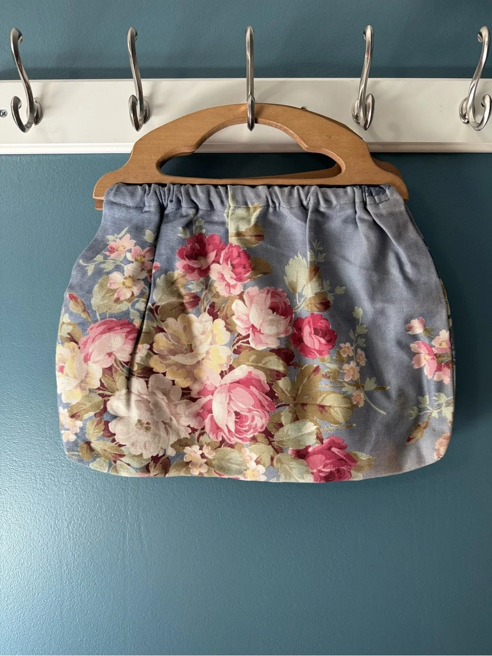 Floral Purse/sewing bag with wooden handle